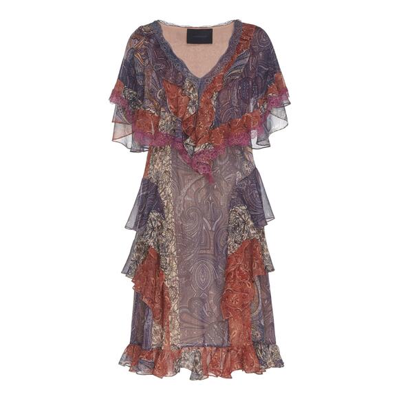 Costarellos Frill Ruffle Tiered Dress Bohemian Cottagcore Paisley Patches - Picture 1 of 13